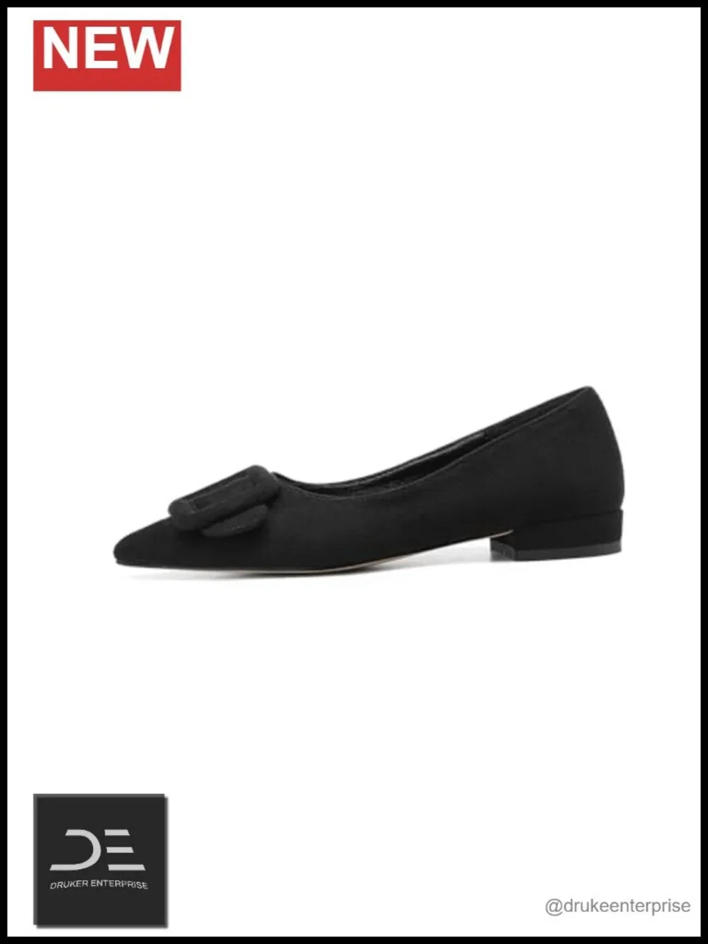 Women's Pointed Toe Slip-On Flats with Square Buckle - Suede Low Heel Dressy
